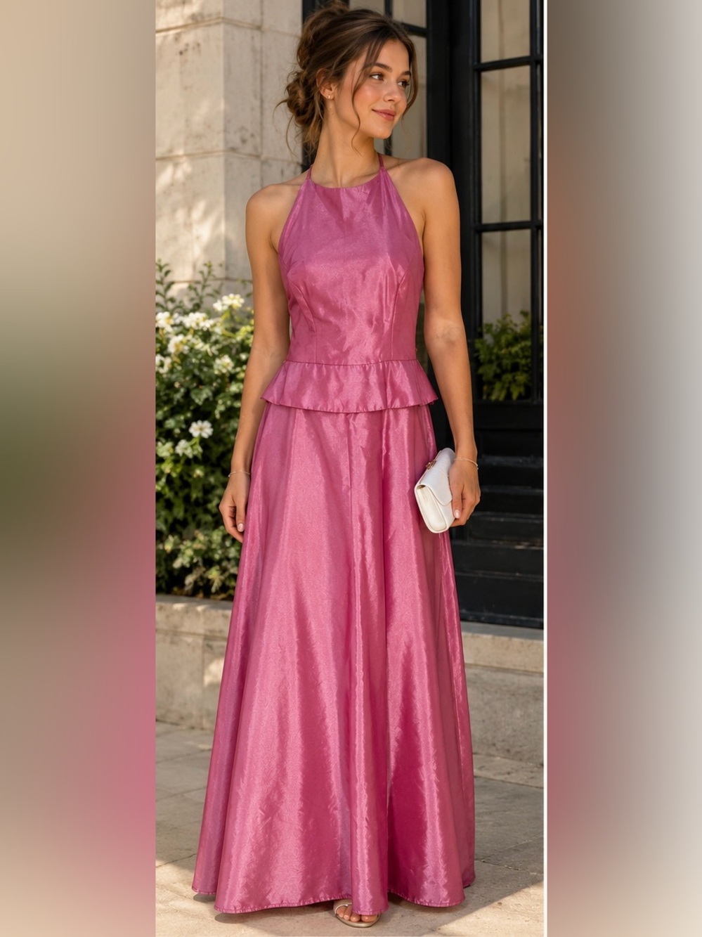 Alfred Angelo Dress Pink Metallic Open Back Halter Neck Maxi Y2K Size 7/8
